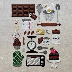 Complete Baking Embroidery Kit for Beginners with Basic Stitch Guide, Kitchen Tools & Desserts DIY Needlework, Baker Gift