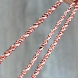 May include: Close-up of three copper-colored, twisted wires held by a hand. The wires have a spiral design and a shiny finish. The background is a blurred, neutral color.