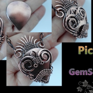 May include: A copper wire pick holder necklace with a heart-shaped design and a woven top. The necklace is on a chain and is being held by a hand. The text "DIY" is in the lower left corner of the image. The text "Pick holder by GemSeeker Studio" is in the lower right corner of the image.