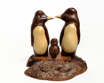 Family of 3, penguin wood carving, new baby gift for couple, gifts for new mom, anniversary gifts