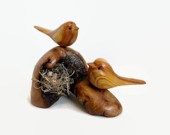 Birds with nest wood carving, Mothers Day gift, bird lover gift.