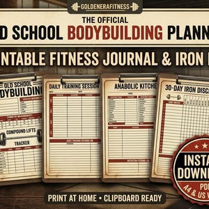 May include: A printable fitness journal and iron log titled The Official Old School Bodybuilding Planner. Four clipboard pages feature sections for athlete measurements, daily training sessions, anabolic kitchen logs, and a 30-day iron discipline habit matrix.