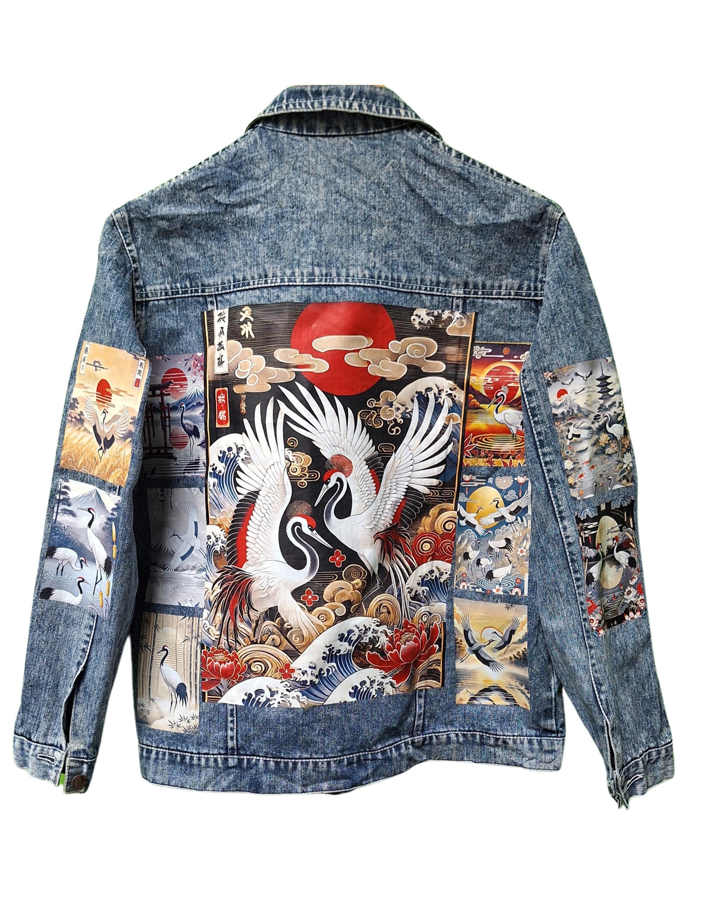 Japanese Crane Printed Vibrant Denim Jacket | S/M/L/XL/2XL | Made