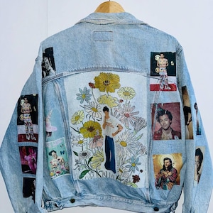 Vintage Denim Jacket with Custom Modern Icon Print - Upcycled Jean Jacket - Sizes S-XXL