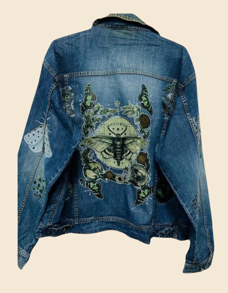 Vintage Denim Jacket With Moth and Nature-inspired Custom Print ...