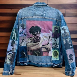 Custom Print Denim Jacket with Bold Music-Inspired Graphic - Urban Streetwear Style, Upcycled Jean Jacket, Unisex Fit  S-XXL