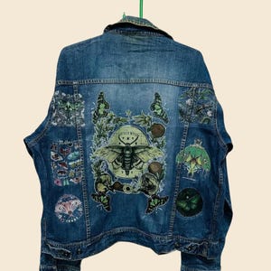 Vintage Denim Jacket with Moth and Nature-Inspired Custom Print – Upcycled Jean Jacket – Sizes S-XXL
