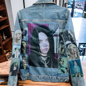 Vintage Denim Jacket with Bold Edgy Graphic - Inspired by Modern Pop Icons, Upcycled Jean Jacket, Unisex Fit - Sizes S-XXL