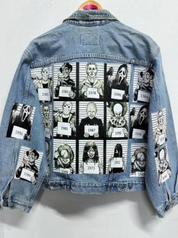 Vintage Denim Jacket With Horror-inspired Scary Graphic