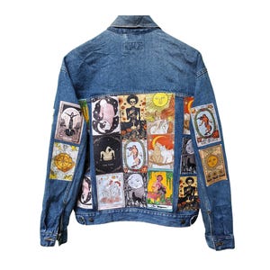 Mystical Tarot-Inspired Vintage Denim Jacket, Mystical & Sustainable Unisex Fit Upcycled Jean Jacket, S-XXL
