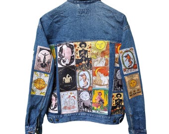 Mystical Tarot-Inspired Vintage Denim Jacket, Mystical & Sustainable Unisex Fit Upcycled Jean Jacket, S-XXL