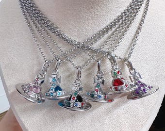 Salturn Silver Chain Necklace: Orb Planet Pendant with Diamonds