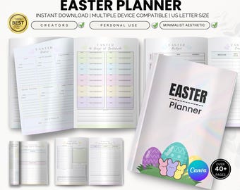 Easter Planner Printable | 40+ Page Easter Planning Bundle | Easter Budget, Gratitude & Meal Planner | Canva Editable PDF Download