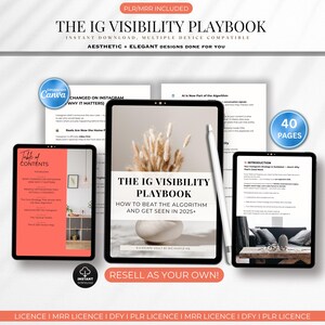 Op de afbeelding: De afbeelding toont "THE IG VISIBILITY PLAYBOOK", een digitaal product. Het bevat een tablet met de cover van het playbook, een inhoudsopgave en een introductie. Het ontwerp is esthetisch en elegant. Een stylus en een badge met "40 PAGES" zijn ook zichtbaar.
