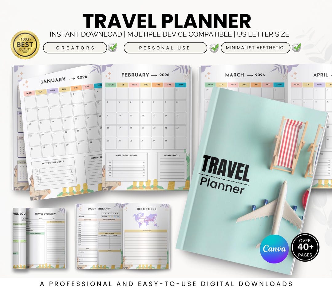Travel Planner 2026 Printable 40 Pages Itinerary Calendar Journal Il Cyaq 