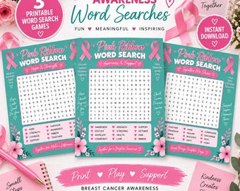 Woordzoekpuzzel met roze lint | Printbaar materiaal voor borstkankerbewustzijn | Bewustwordingsactiviteit in oktober | Spel met roze lint
