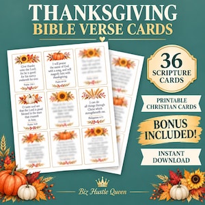 Könnte beinhalten: Ein Set aus 36 druckbaren Thanksgiving-Bibelverskarten mit herbstlichen Illustrationen von Sonnenblumen, Kürbissen und Laub. Die Karten zeigen verschiedene Bibelverse sowie den Text "THANKSGIVING BIBLE VERSE CARDS" und "BONUS INCLUDED!" auf einem dunkelgrünen Hintergrund.