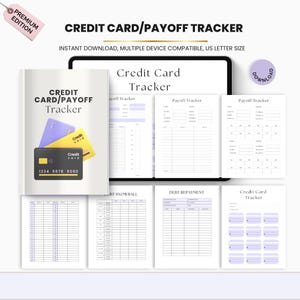 Könnte beinhalten: Ein digitaler Kreditkarten- und Tilgungs-Tracker mit weißem Cover und schwarzer Kreditkarten-Grafik. Das Bild zeigt ein Tablet mit einem Kreditkarten-Tracker und mehrere ausdruckbare Seiten für die Schuldenrückzahlung und -verfolgung.