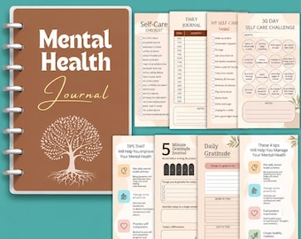 May include: A brown disc-bound Mental Health Journal with a white tree graphic and several interior pages featuring checklists, daily logs, a 30-day self-care challenge, gratitude prompts, and mental health tips printed in black and beige text.