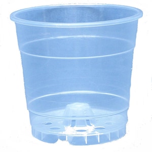 May include: A clear plastic plant pot with drainage holes in the bottom. The pot is light blue in color and has a diameter of approximately 4 inches.