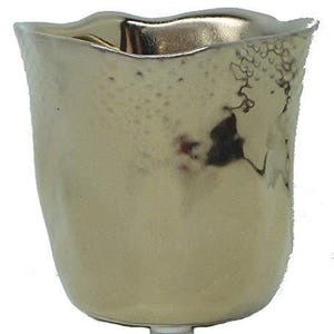 May include: A gold ceramic planter with a textured, irregular surface. The planter has a wide, rounded opening and a slightly flared base.