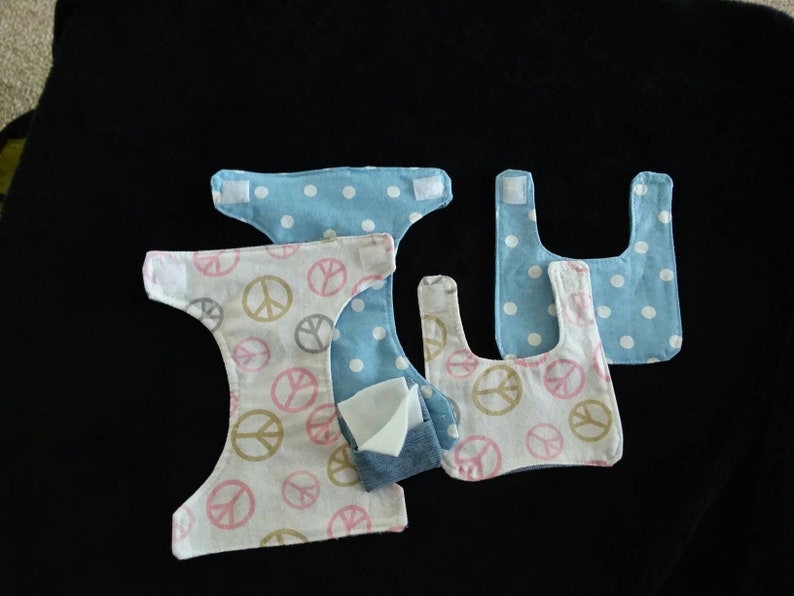 and reusable! Doll Diapers in denim Set of 2 diapers and 2 bibs with a bonus wipe holder and 2 wipes Denim fronts flannel backing