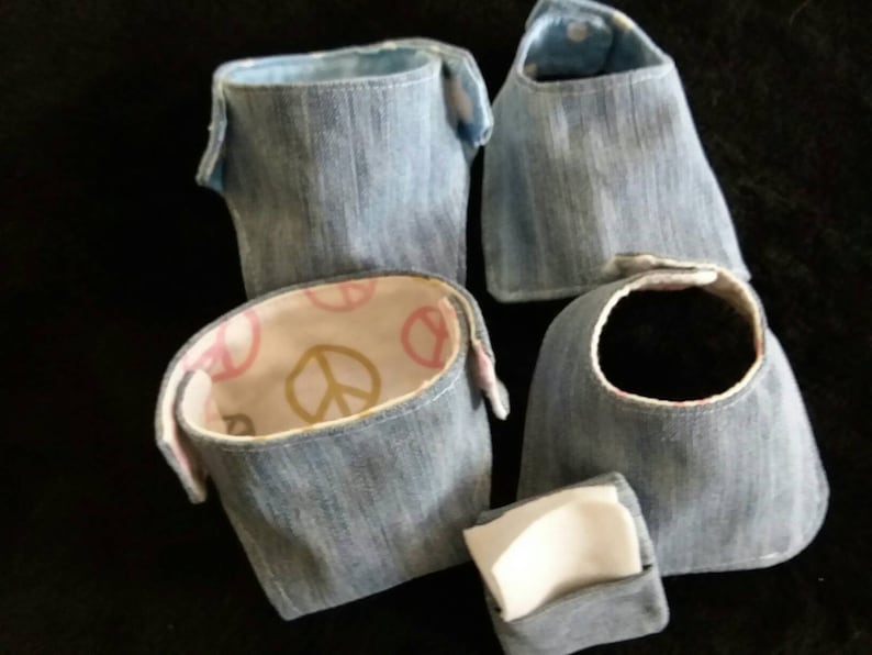 and reusable! Doll Diapers in denim Set of 2 diapers and 2 bibs with a bonus wipe holder and 2 wipes Denim fronts flannel backing