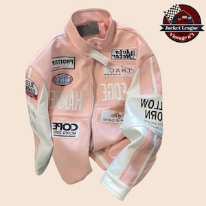 Blouson de moto en cuir rose pour femme - Style hip-hop de l'an 2000, veste coupe-vent brodée de haute qualité