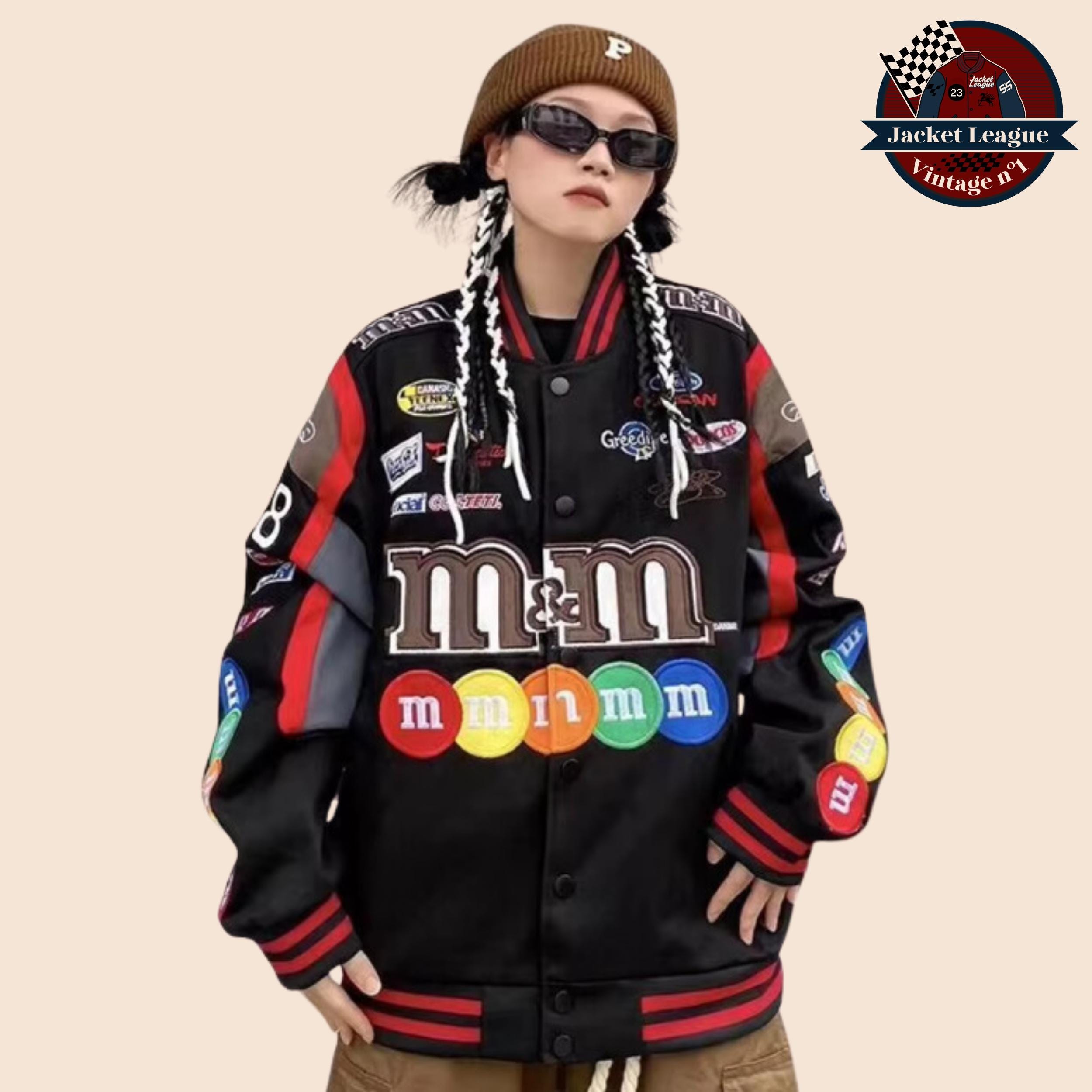 Unisex M&M Bomber Varsity Jacket - Racing Coat With Stand