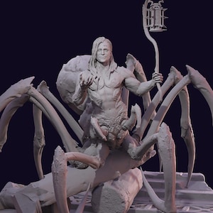 May include: A detailed, gray 3D-printed fantasy figure of a humanoid figure riding a large spider-like creature. The humanoid figure holds a lantern. The creature has multiple legs and a detailed body. The figure is posed on a rocky base.