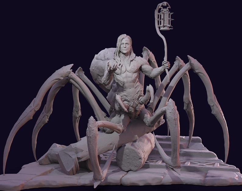 May include: A detailed, gray 3D-printed fantasy figure of a humanoid figure riding a large spider-like creature. The humanoid figure holds a lantern. The creature has multiple legs and a detailed body. The figure is posed on a rocky base.