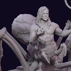 May include: A detailed sculpture of a humanoid figure with long hair, a muscular torso, and a spider-like lower body. The figure holds a curved object with a decorative top. The sculpture is in shades of gray.
