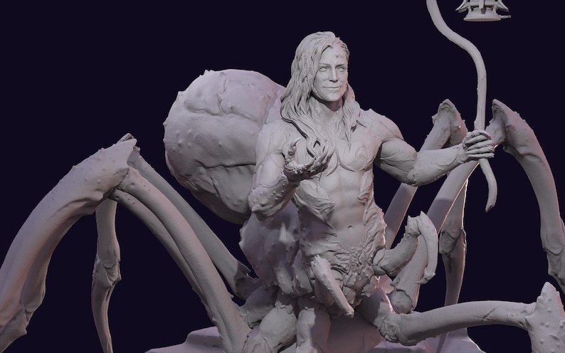 May include: A detailed sculpture of a humanoid figure with long hair, a muscular torso, and a spider-like lower body. The figure holds a curved object with a decorative top. The sculpture is in shades of gray.