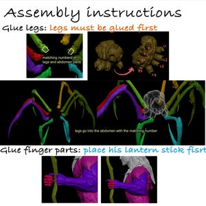 May include: Assembly instructions for a model kit, featuring a multi-colored spider-like creature. The image shows the steps for gluing legs and finger parts, with text instructions and diagrams. The text includes "Glue legs: legs must be glued first".
