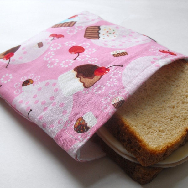 FREE SHIPPING- Pink Cherry Cupcakes Reusable Sandwich Baggie w\/ Water-Resistant Lining