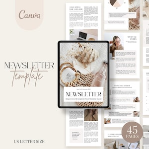 May include: A digital newsletter template with a beige and brown color scheme. The template features a title that reads "NEWSLETTER" and a subtitle that reads "Empowered & Inspired: Your Monthly Guide". The template also includes a variety of sections, such as "Showcase Stories", "Featured Favors", and "Gratitude is the way I share my soul with the world".