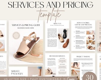May include: A digital template for a services and pricing guide. The template features a beige background with a minimalist design. The template includes sections for services, pricing, about us, how it works, project timeline, client success stories, and more. The template is fully customizable in Canva and includes 30 pages.