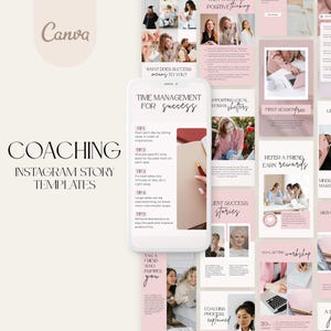 Könnte beinhalten: Eine Sammlung von pinken und weißen Instagram-Story-Vorlagen für Coaching. Die Vorlagen enthalten Text wie "Zeitmanagement für Erfolg", "Was bedeutet Erfolg für dich?", "Coaching-Prozess erklärt" und "Empfehle einen Freund, verdiene Belohnungen".