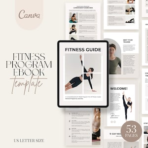 以下が含まれることがあります： 白い背景と、タブレットに「FITNESS GUIDE」というテキストと、サイドプランクエクササイズをしている女性が表示されているフィットネスガイドのデジタル電子書籍テンプレート。画像の上部には「FITNESS PROGRAM EBOOK TEMPLATE」というテキストが大きなフォントで表示されています。画像の下部には「US LETTER SIZE」というテキストが表示されています。画像には、5日間のワークアウトプランと「Meet Your Trainer」というタイトルのセクションも含まれています。