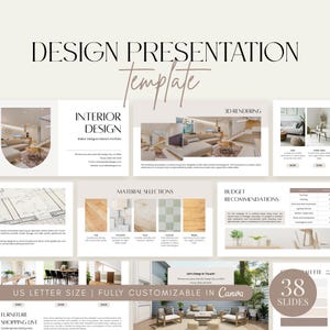 Peut inclure: Un modèle de présentation pour des projets de design d'intérieur. Le modèle présente un rendu 3D d'un salon, un guide de sélection des matériaux et une section de recommandations budgétaires. Le modèle est entièrement personnalisable dans Canva et comprend 38 diapositives.