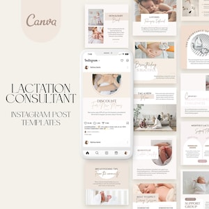 Peut inclure: Un ensemble de modèles de publication Instagram conçus pour les consultantes en lactation. Les modèles présentent un schéma de couleurs rose et blanc avec des images de mères et de bébés. Le texte sur les modèles comprend des phrases telles que "Consultante en lactation", "L'allaitement maternel est beau" et "Remise pour les nouvelles mamans".