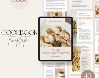 Plantilla de libro de cocina / Planificador de comidas / Comida italiana / Libro de recetas imprimible / Diseño en colores neutros / Recetas estéticas / Plantilla Canva de comida