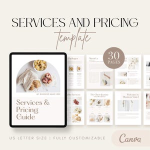 May include: A digital services and pricing guide template with a tablet displaying a cover page with food images. The template includes sections for packages, about us, and client journey. The text reads "Services & Pricing Guide" and "30 Pages".