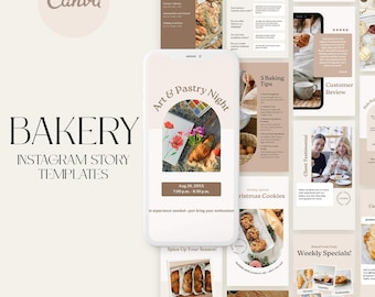 May include: A set of Instagram story templates for a bakery. The templates feature images of pastries, cookies, and other baked goods, along with text promoting the bakery's events and specials. The templates are designed to be visually appealing and engaging, ideal for promoting a bakery's brand on social media.