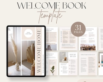 Pode incluir: Um modelo digital para um livro de boas-vindas do Airbnb com 31 páginas. O modelo apresenta um design minimalista com uma paleta de cores neutras bege e branco. O texto "WELCOME HOME" é exibido em uma fonte grande na capa.