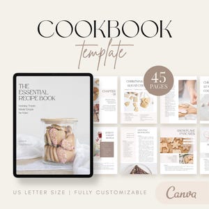May include: A cookbook template with the title "COOKBOOK" and the subtitle "template". The cover of the cookbook is displayed on a tablet, with the title "THE ESSENTIAL RECIPE BOOK". The cookbook has 45 pages and is fully customisable.