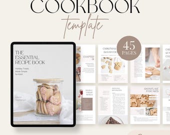 May include: A cookbook template with the title "COOKBOOK" and the subtitle "template". The cover of the cookbook is displayed on a tablet, with the title "THE ESSENTIAL RECIPE BOOK". The cookbook has 45 pages and is fully customizable.