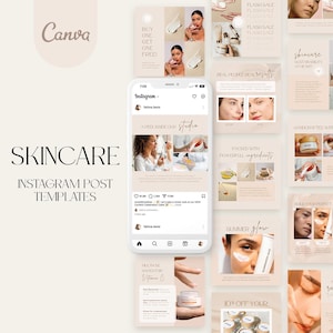 Szablony postów na Instagramie dla pielęgnacji skóry | Pakiet do edycji dla kosmetyczki | Zawartość Canva Beauty | Szablony kosmetyczne na Instagram, projekt w kolorach beżowych