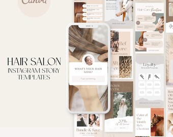 May include: A collection of Instagram story templates for a hair salon. The templates feature images of hair, hair care products, and text about hair care services. The text includes phrases like "What's your hair goal?", "Hair Care Routine", "Loyalty Rewards Program", and "Color of the Month: Rich Chestnut".