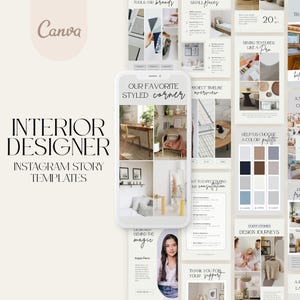 May include: A set of Instagram story templates for interior designers. The templates feature a variety of design elements, including photos of styled rooms, color palettes, and project timelines. The text on the templates includes phrases like "Our Favorite Styled Corner", "Help Us Choose a Color Palette", and "Design Journey's".